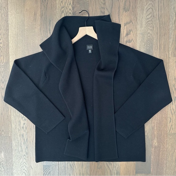 Eileen Fisher 100% Wool Draped Collar Open Front Cardigan Sweater Black Large
